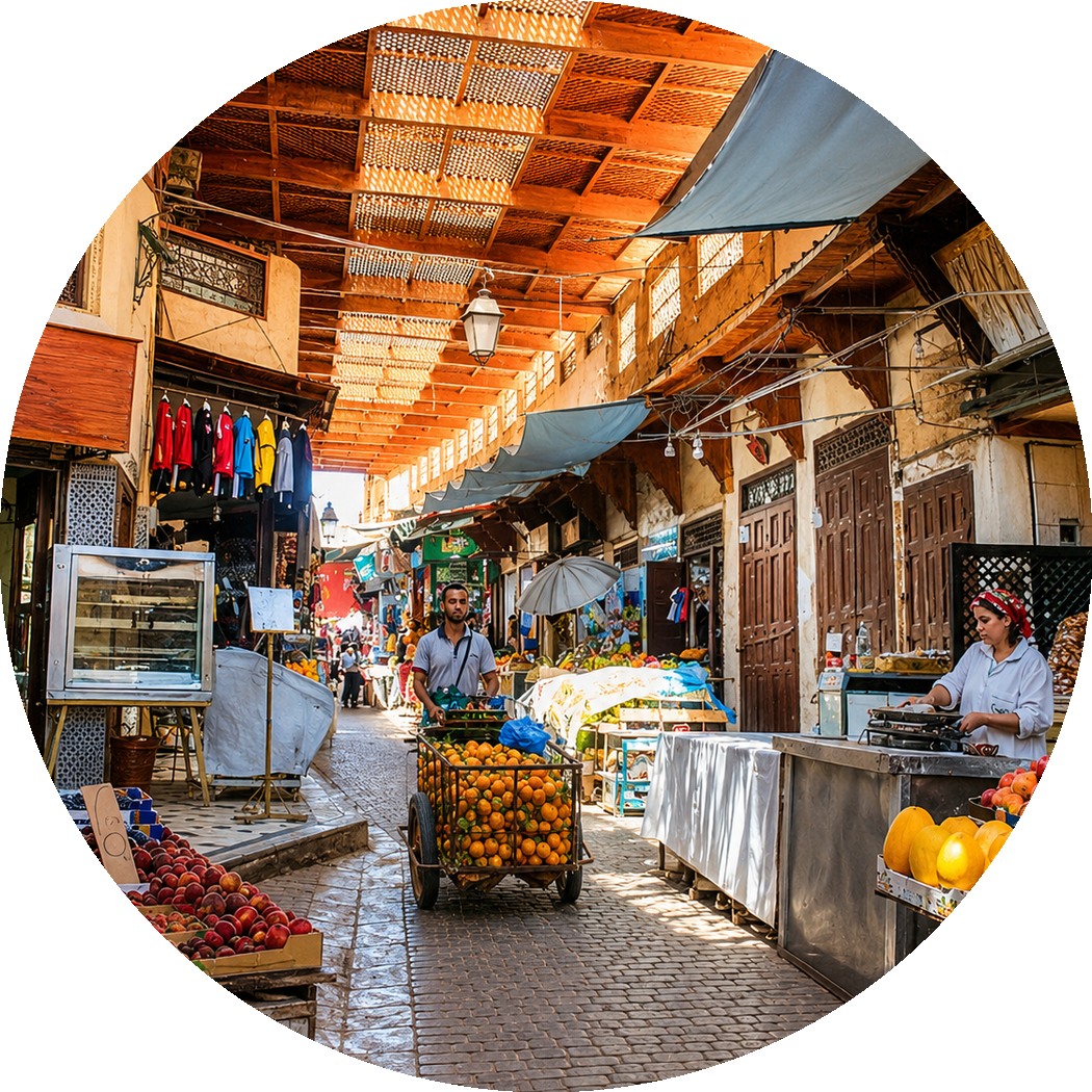 Produce stalls and shopfronts beneath a covered market roof