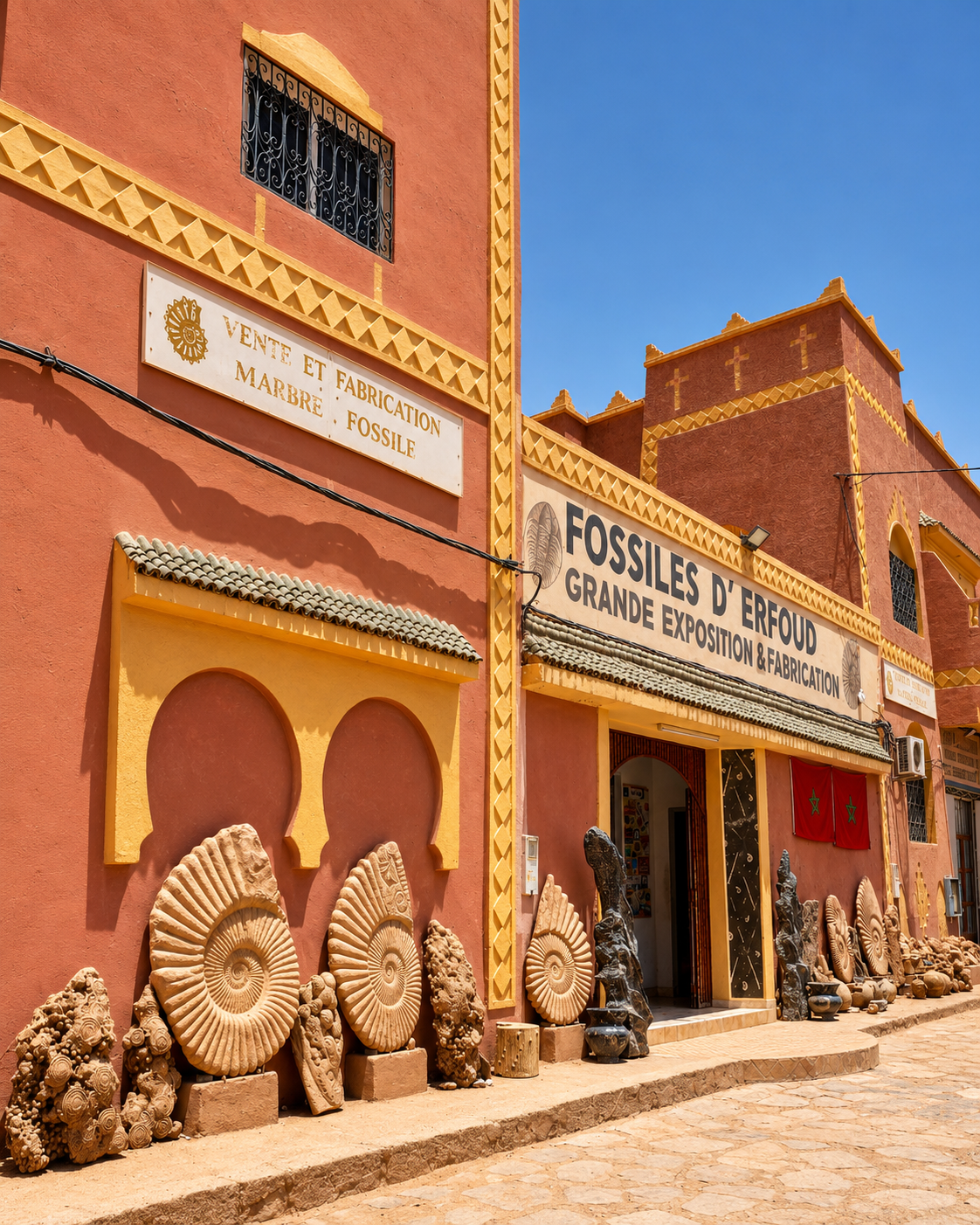Fossiles d’Erfoud storefront with stone displays and large spiral fossils