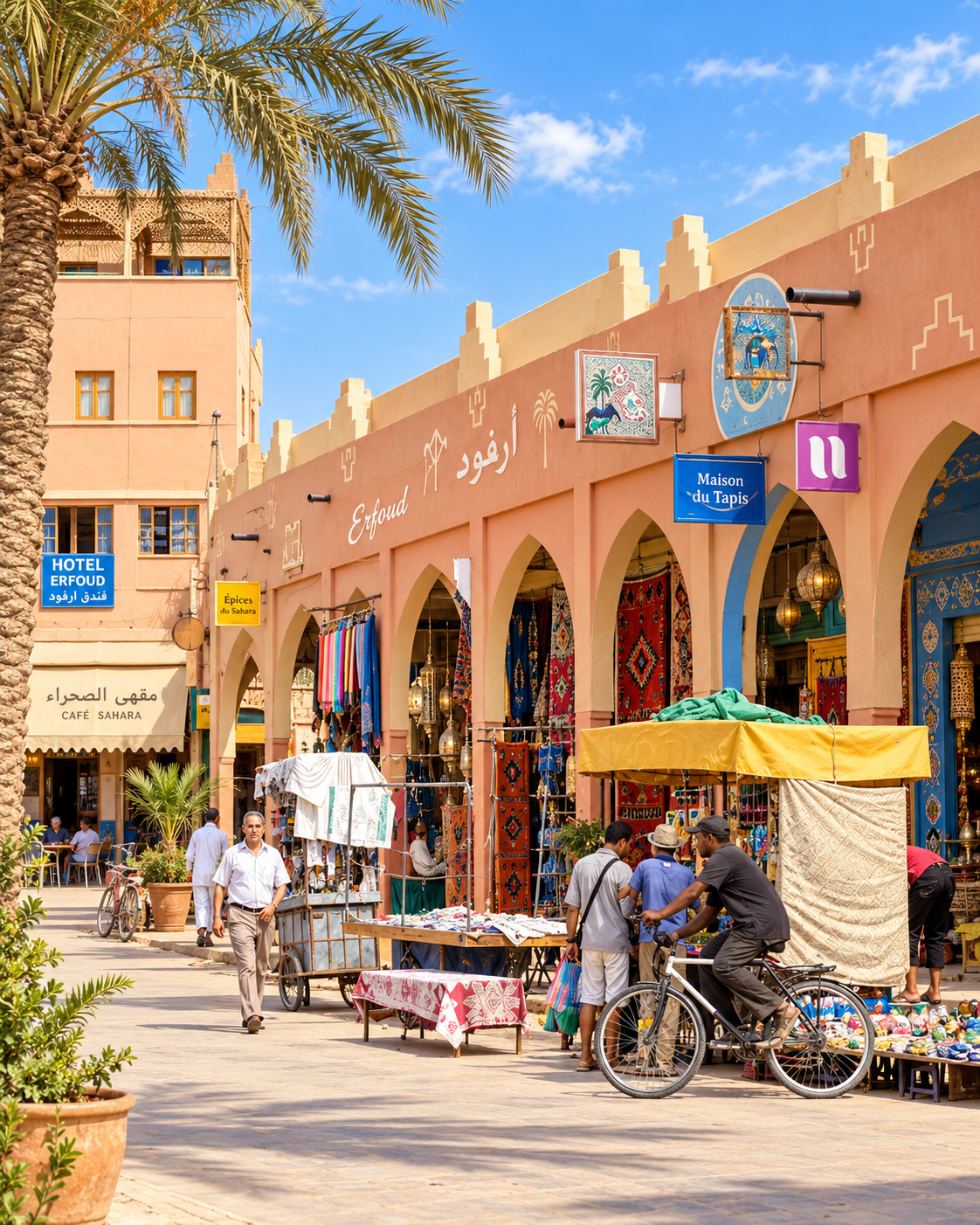 People, bicycles and shaded shopfronts in the town centre