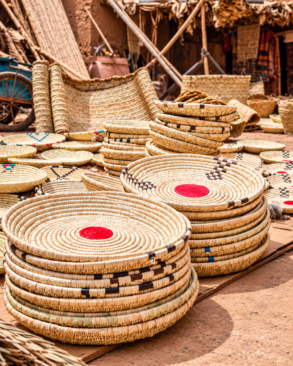 Woven trays and baskets arranged in a market display