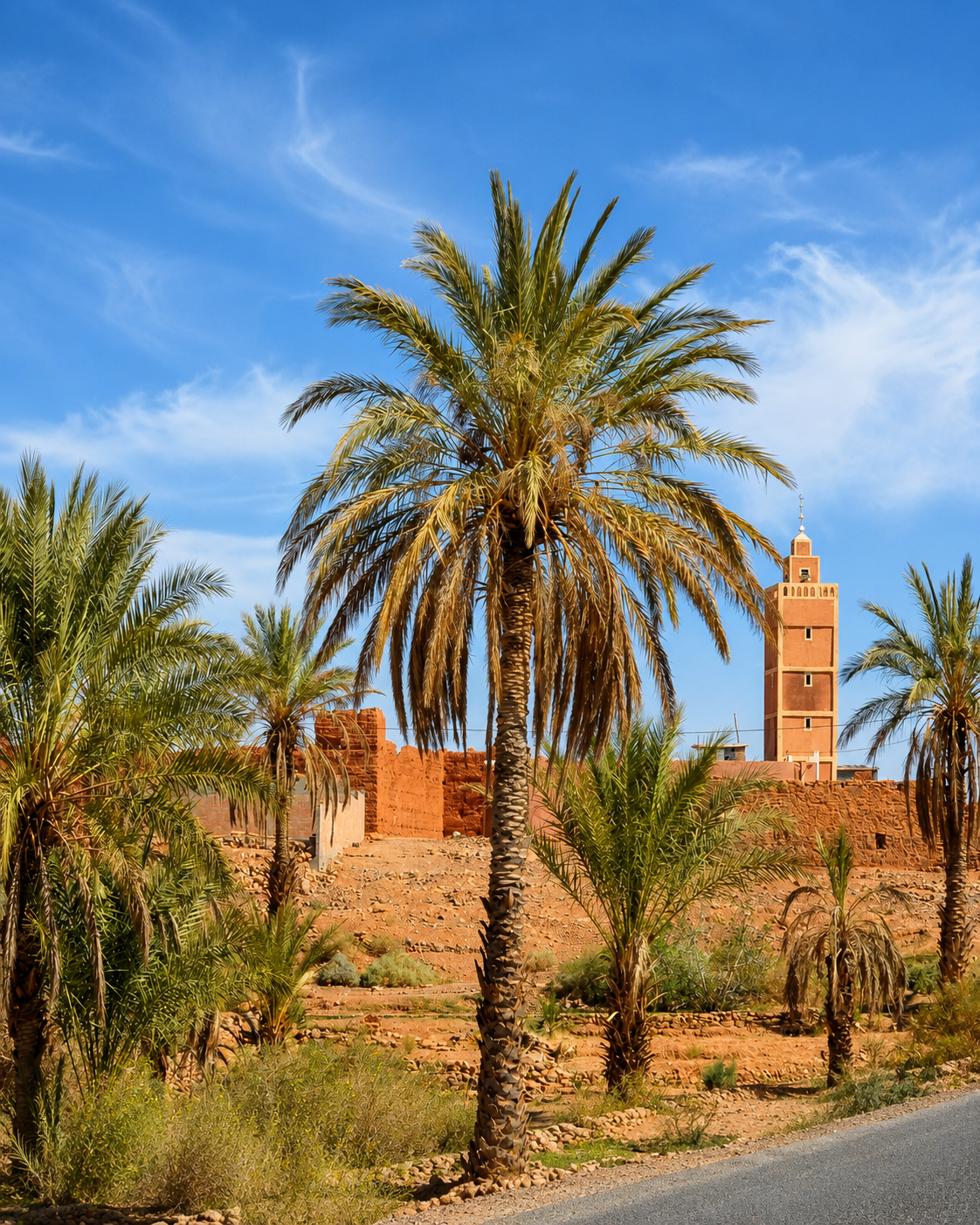 Date palms beside earth-coloured walls and a minaret