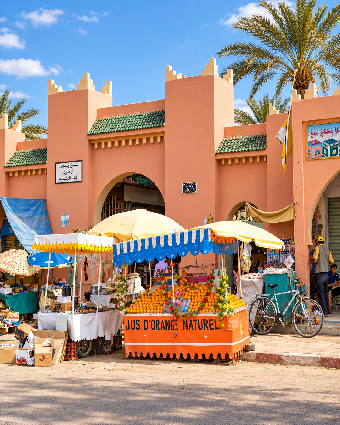 An orange-juice stall beside pink arcades and date palms