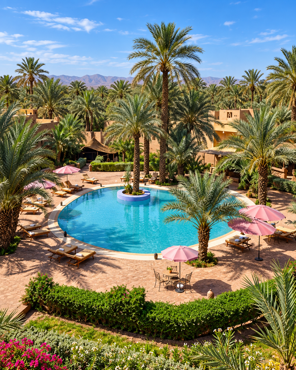 A shaded palm garden with a curved swimming pool