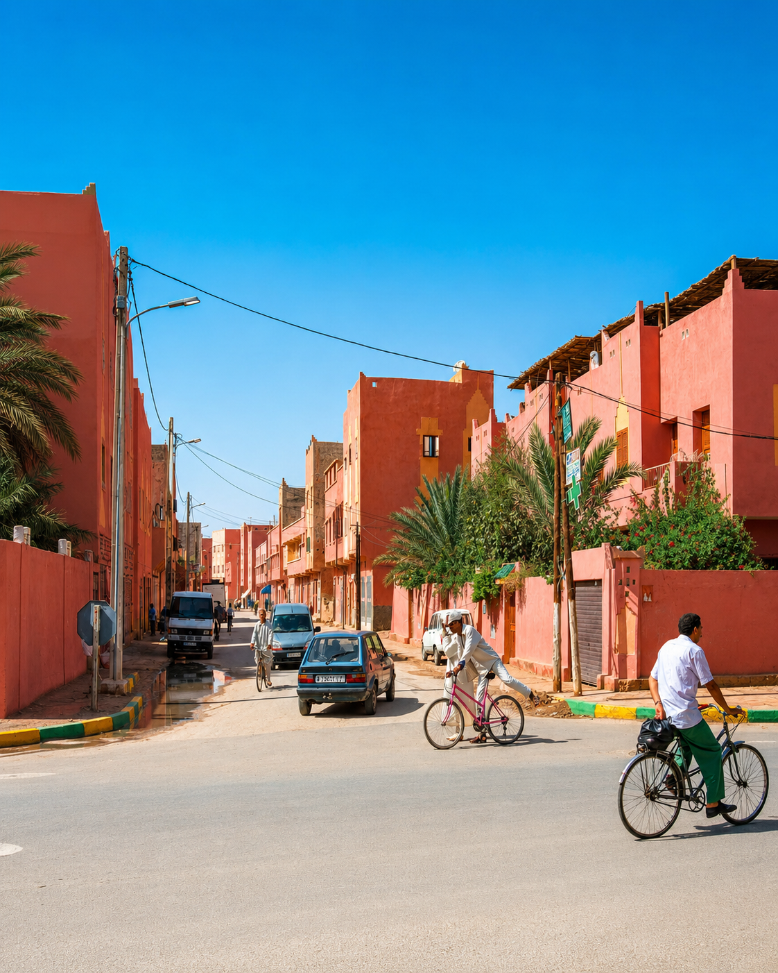 Palm-lined Erfoud street with pink walls and a passing cyclist