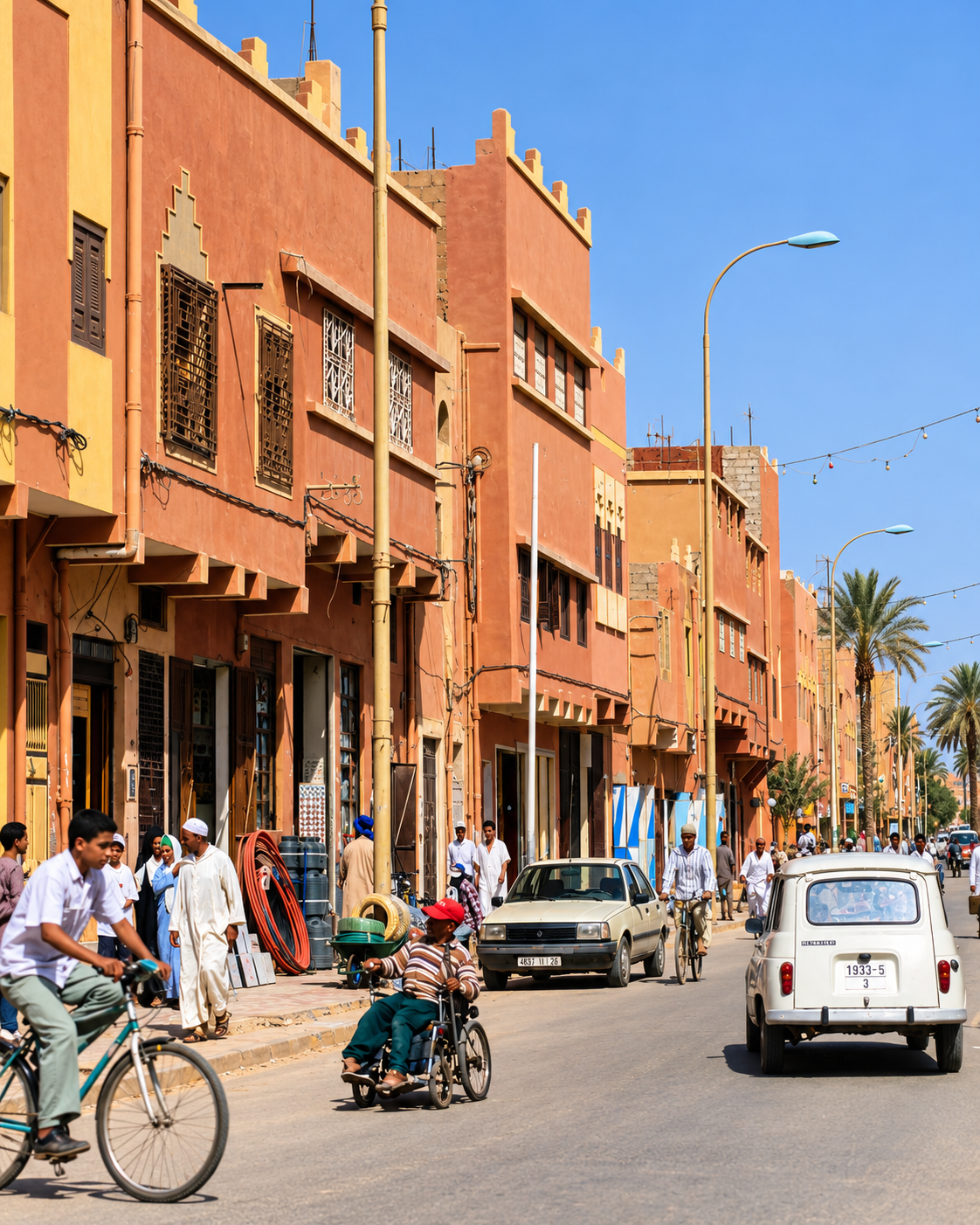 Shops, bicycles and local traffic along an Erfoud street