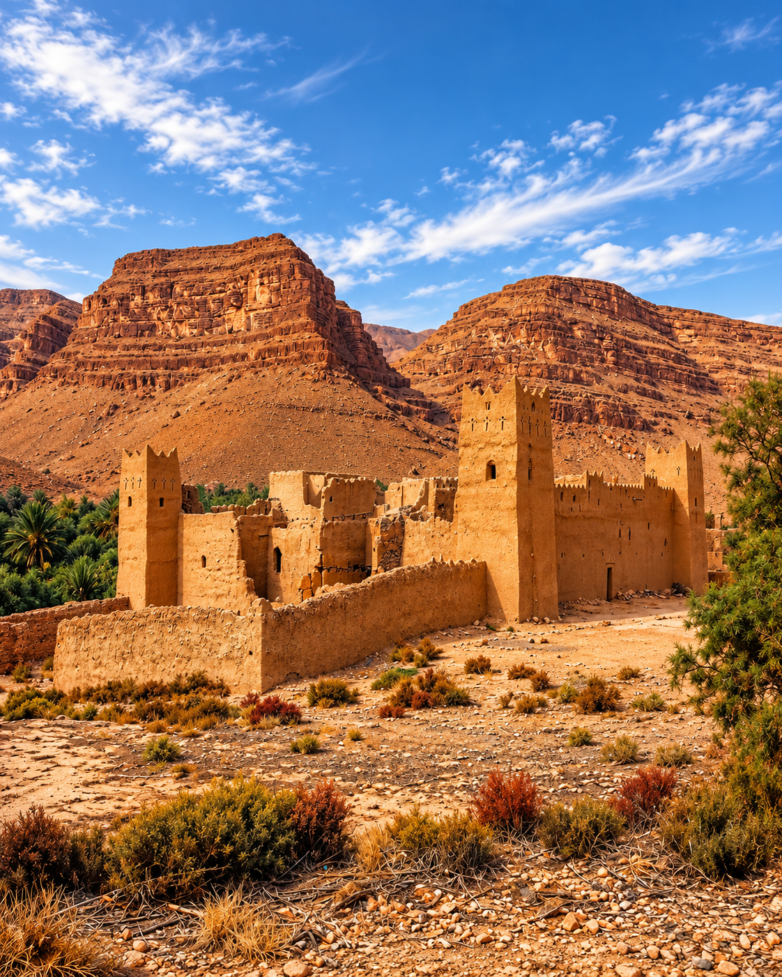 Earthen towers and enclosure walls beneath a rocky ridge
