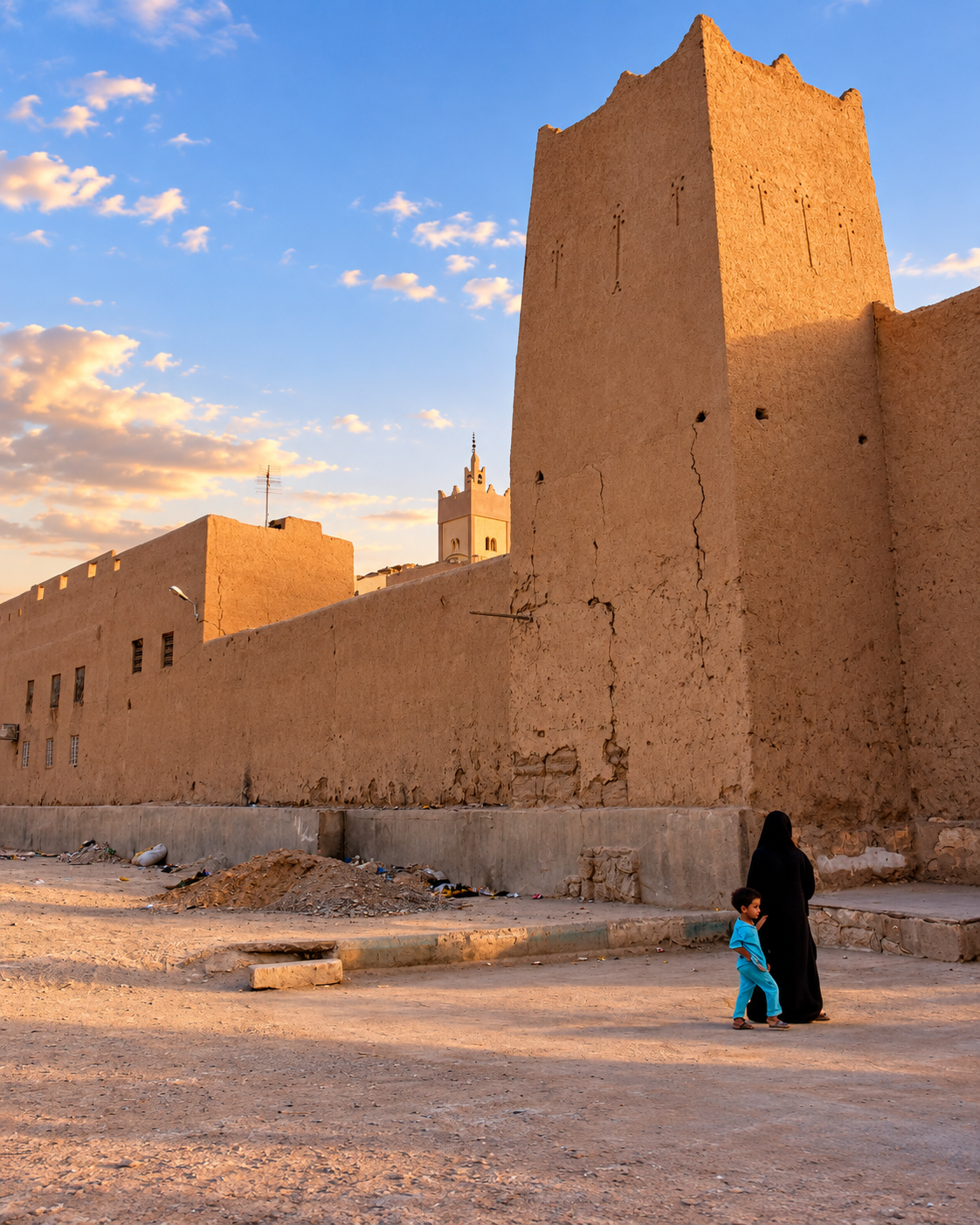 A tall earthen tower and enclosure wall in warm light