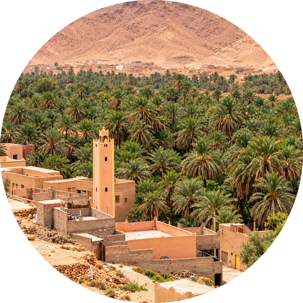 A village minaret and earthen buildings beside a dense Tafilalet palm grove