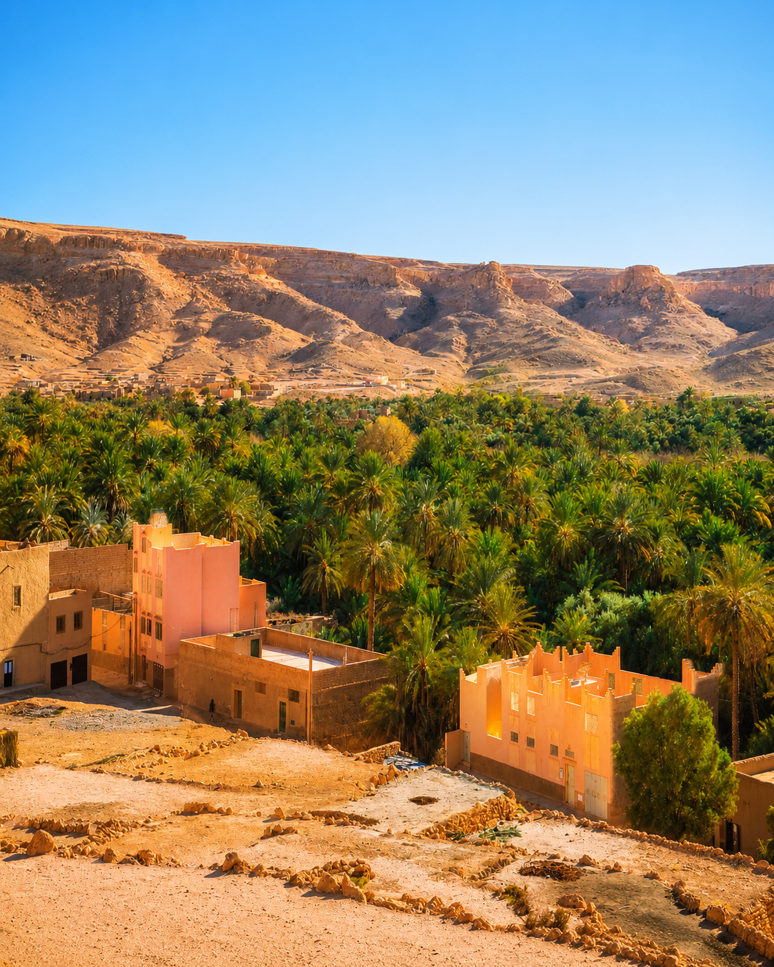 A palm grove and earth-coloured settlement below dry escarpments