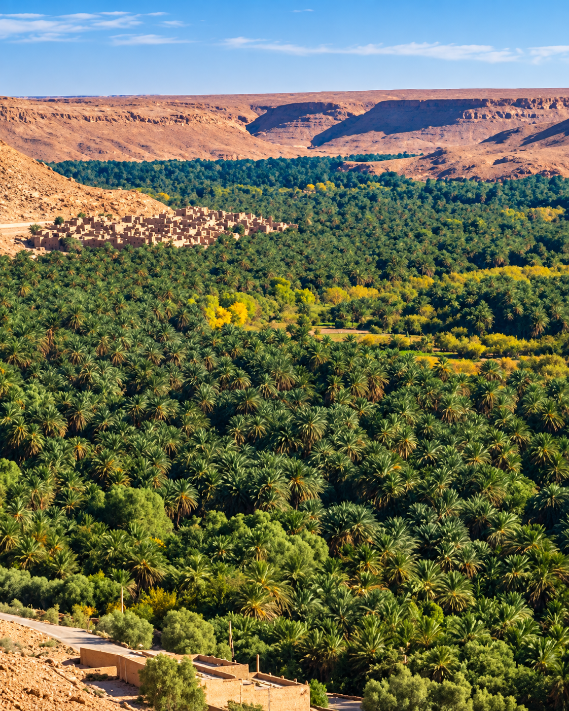 A broad Ziz Valley palm grove below rocky desert escarpments