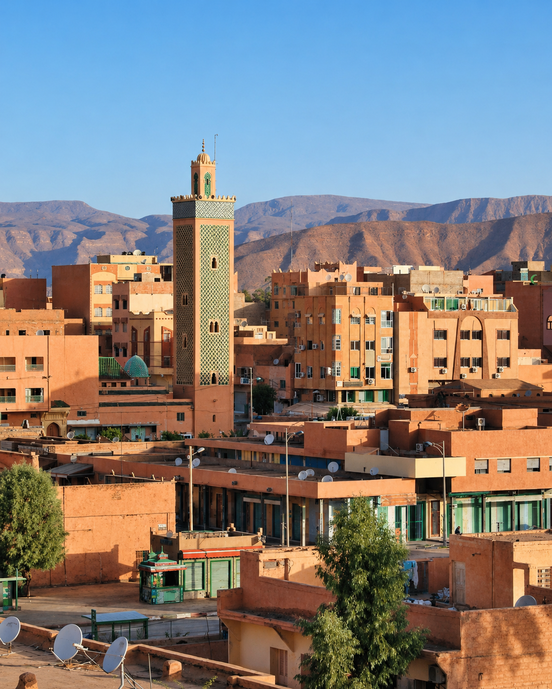 Errachidia cityscape with mosque minaret and mountain backdrop