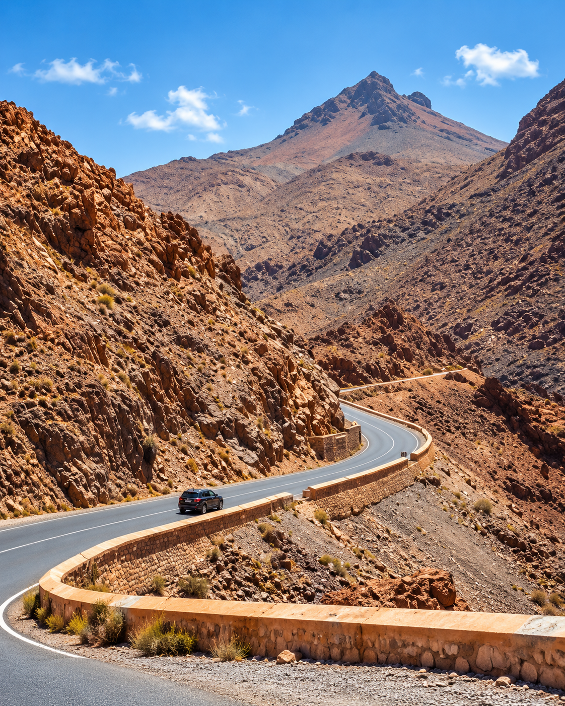 Road winding through rocky Ziz gorge terrain near Errachidia
