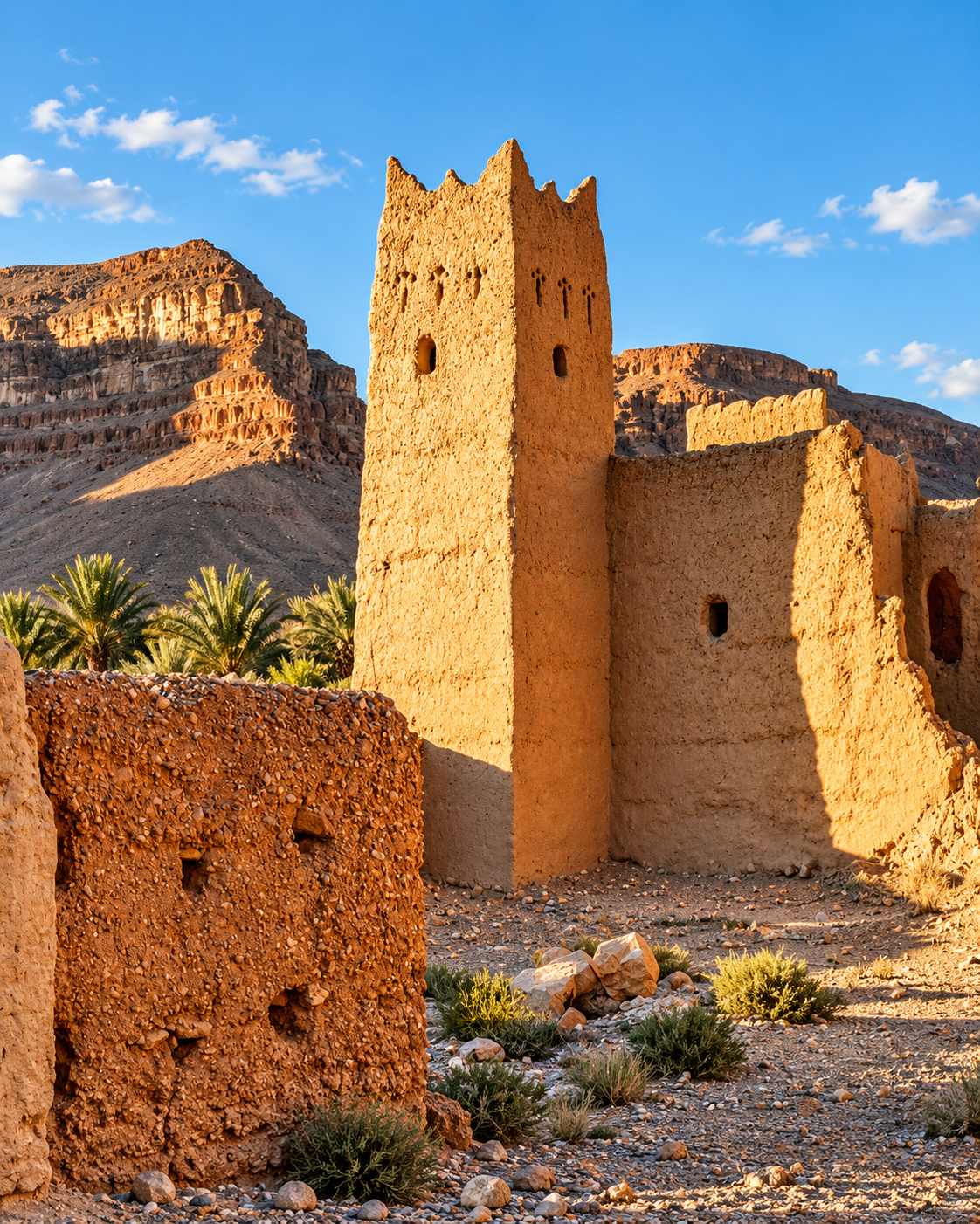 Earthen tower and mountain landscape in the Ziz-Tafilalt region