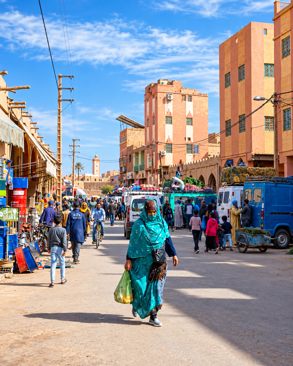 Busy street and market movement in Errachidia