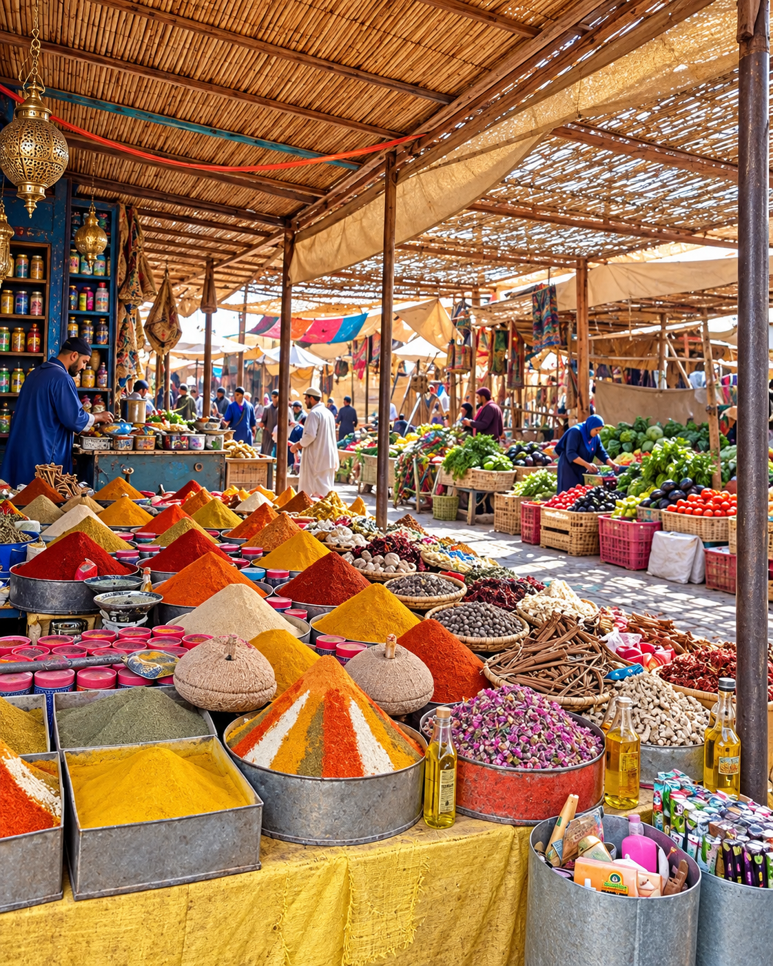 Market stalls with spices and fresh produce in the Errachidia region