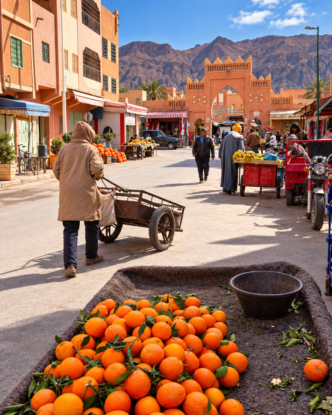Produce sellers and everyday street life in Errachidia