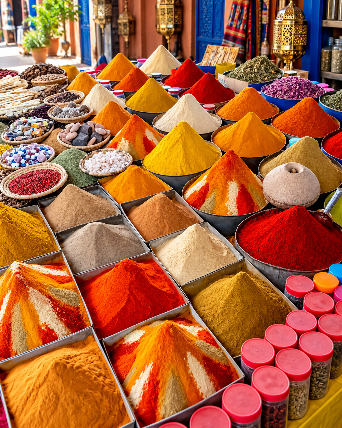 Colourful spice display in a southern Moroccan market