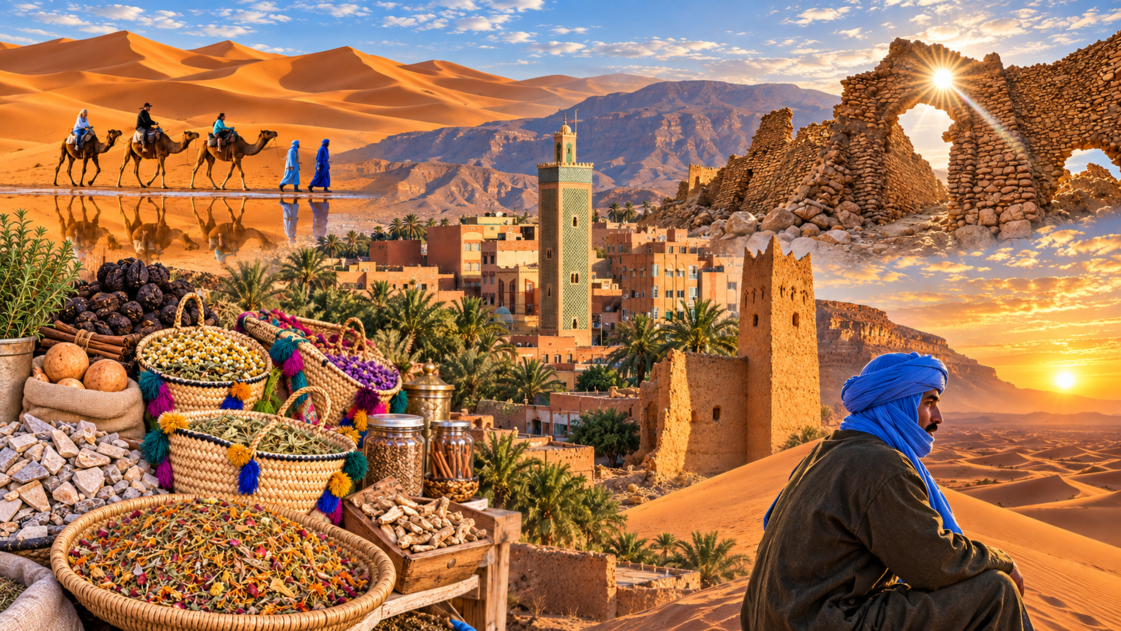 Editorial panorama of southeast Morocco used for Errachidia, with oasis town, dunes, caravan and earthen architecture