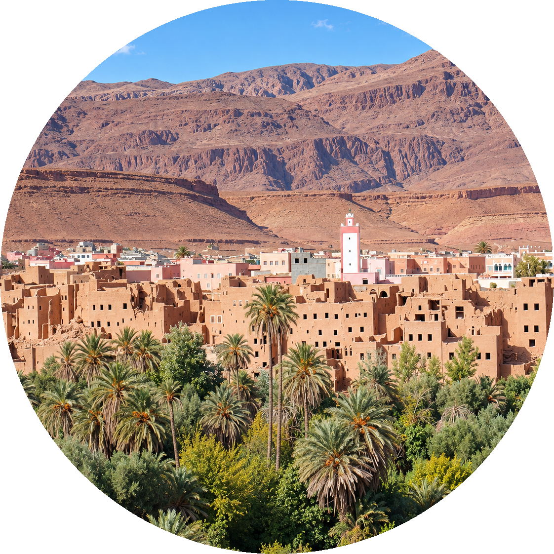 Earthen settlement, palms and minaret in the Errachidia region
