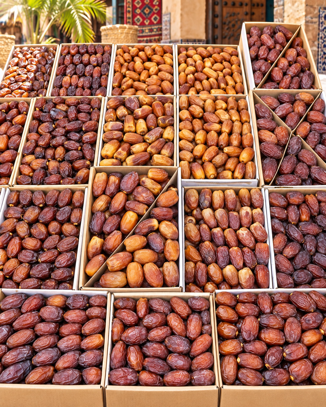Varieties of dates displayed at a regional market