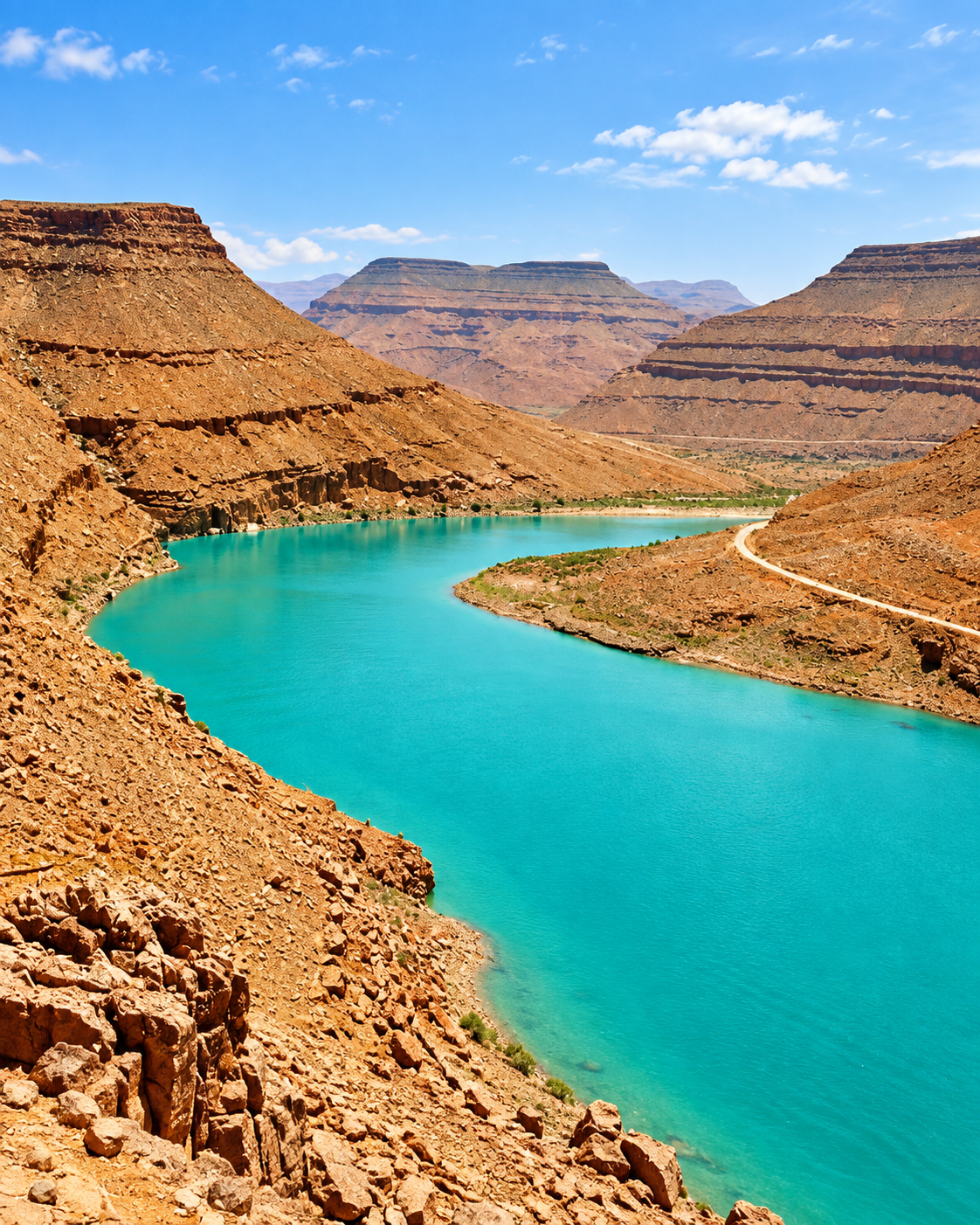 Turquoise reservoir water among arid mountains near Errachidia
