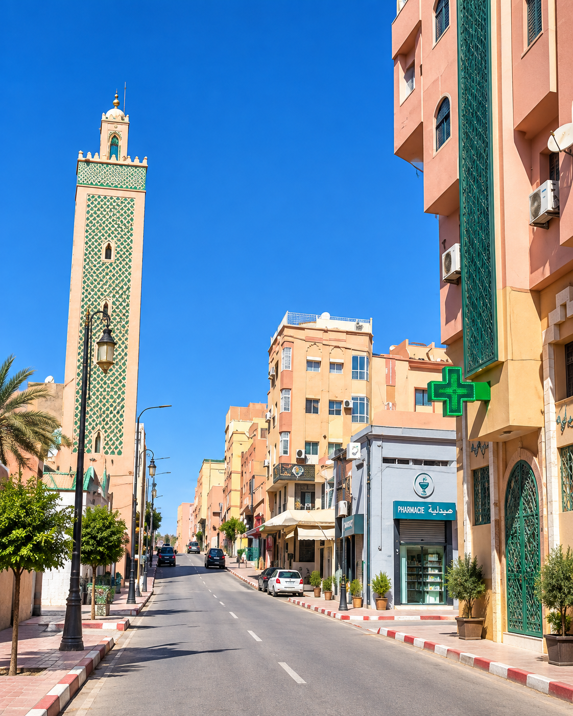 Errachidia street with minaret and urban services