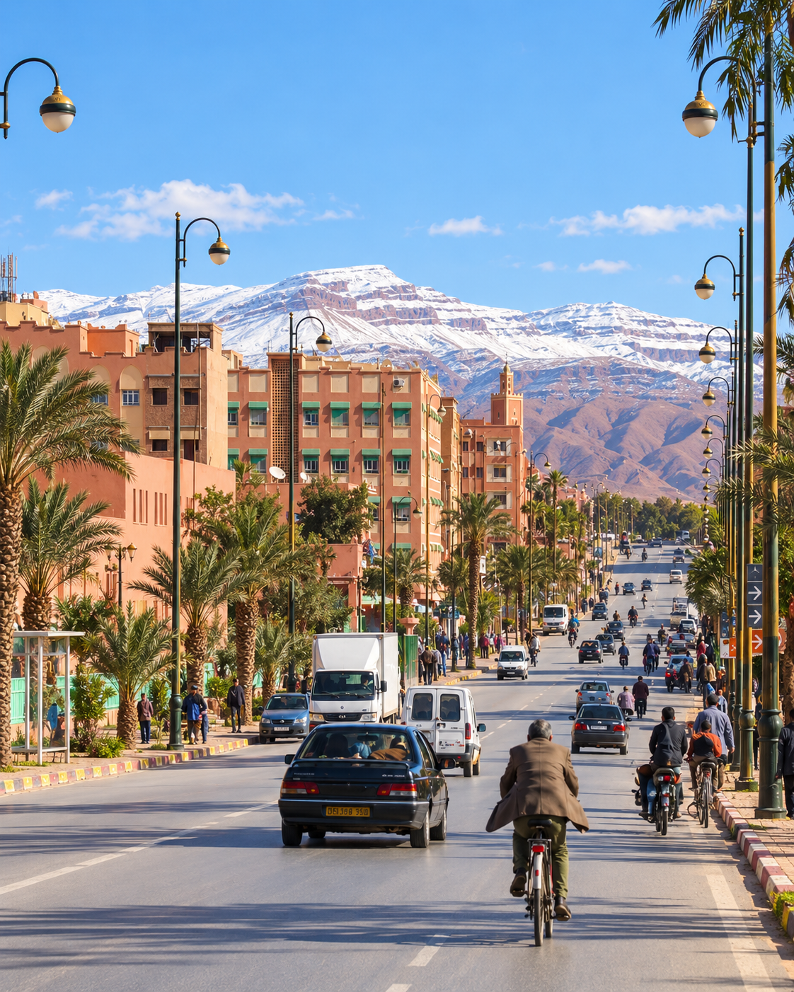 Errachidia avenue with palms, city buildings and mountain backdrop