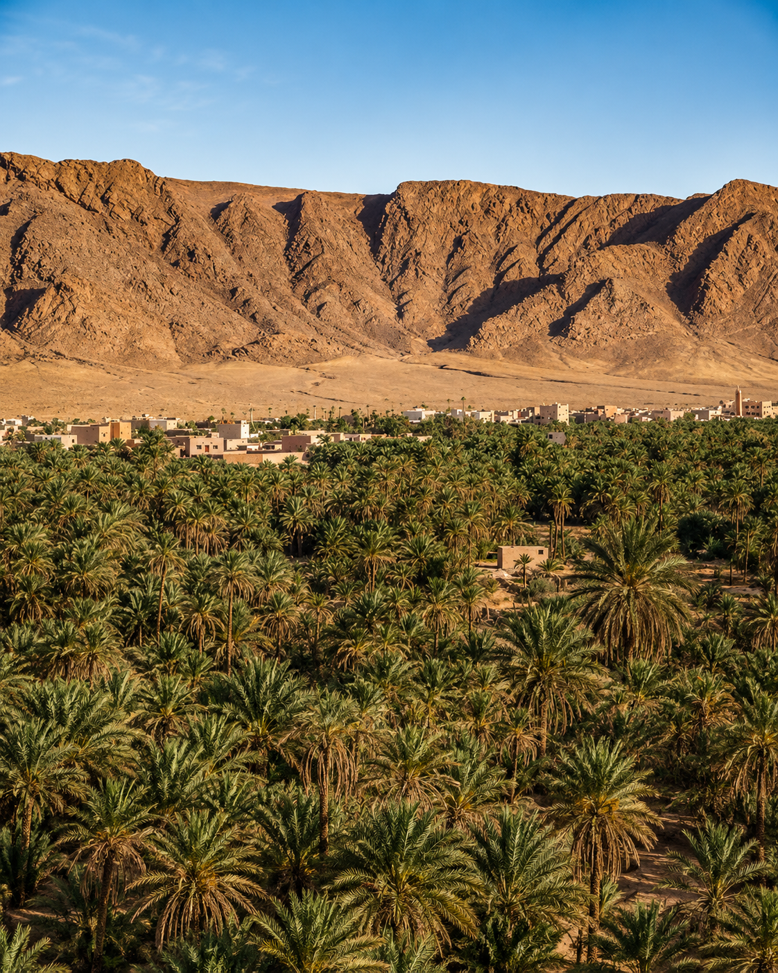 Figuig palm grove and earthen settlement beneath the surrounding mountain rim