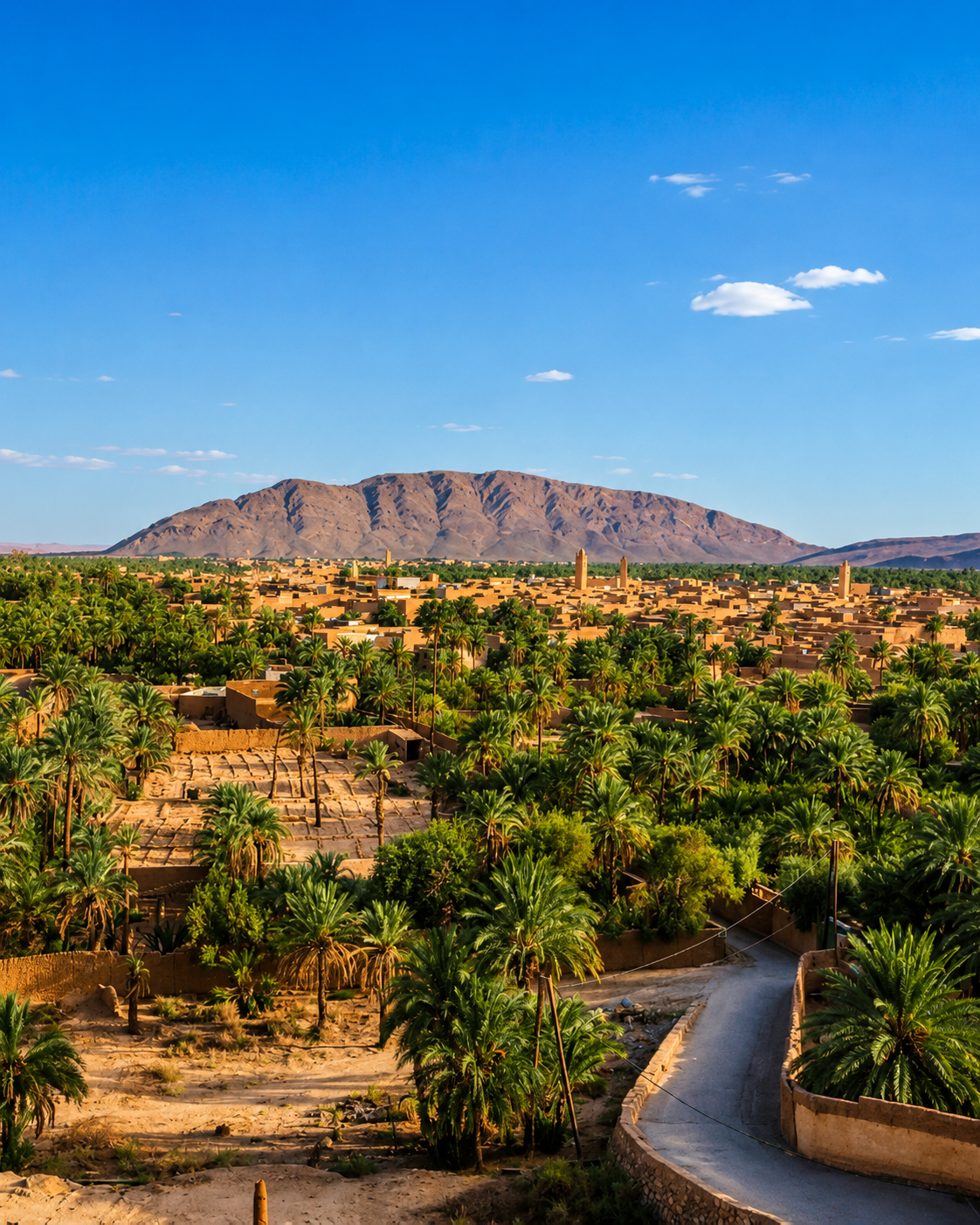 Road through the cultivated oasis edge of Figuig beneath the mountains