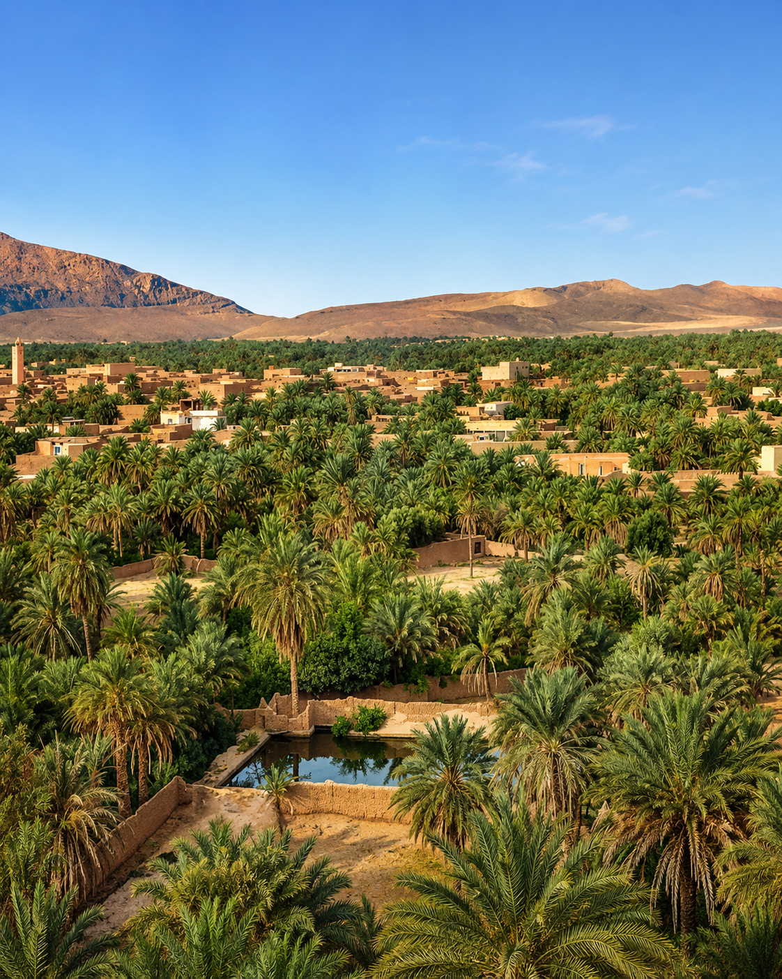 Water basin, palms and settlement in Figuig oasis