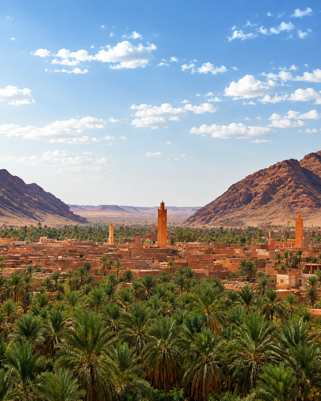 Figuig oasis town framed by palms, minarets and the eastern mountain landscape