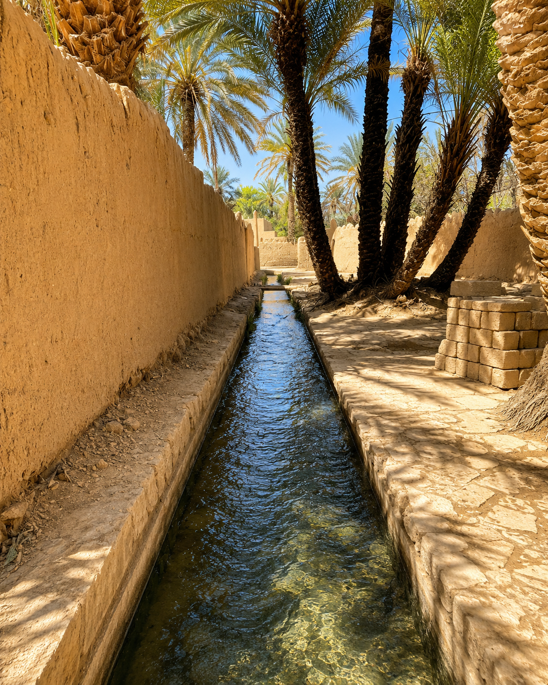Water channel beside earthen walls and palms in Figuig