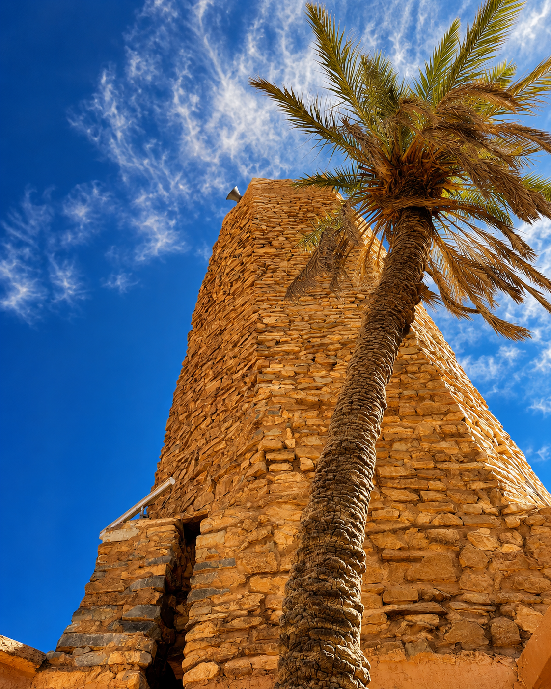 Earthen tower and date palm in the historic oasis landscape of Figuig