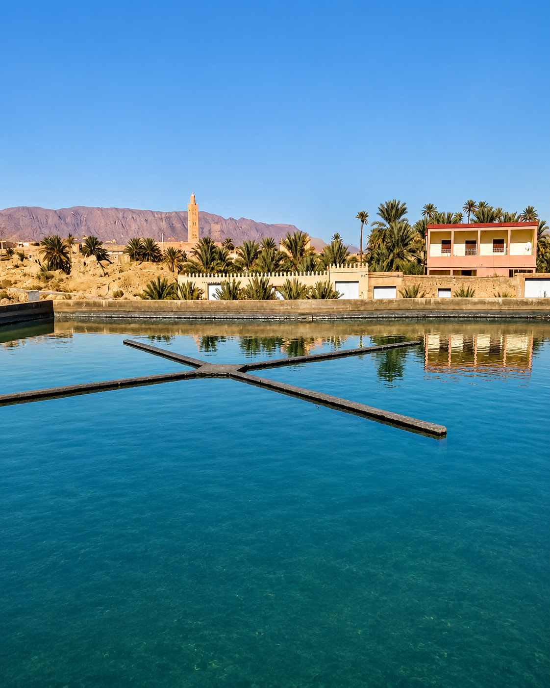 Water reservoir, palms and village edge in Figuig