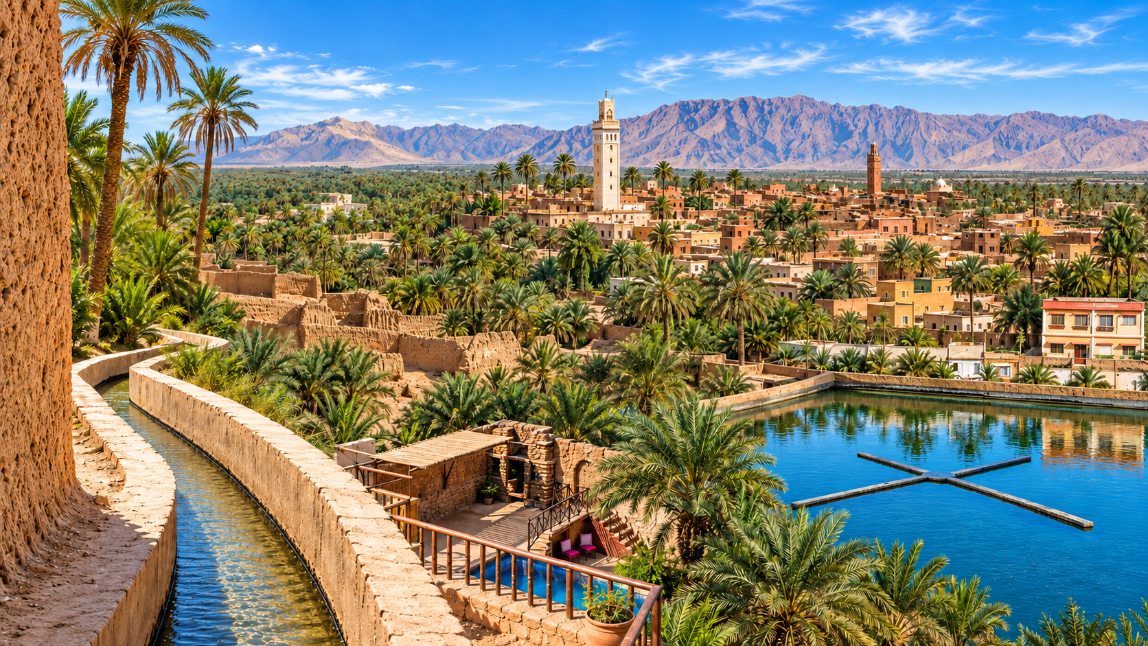 Panoramic view across Figuig oasis, palm groves, earthen settlement and mountain rim