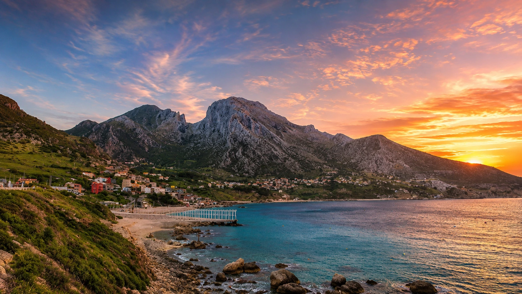 Belyounech bay and the Jbel Musa mountain silhouette at sunset