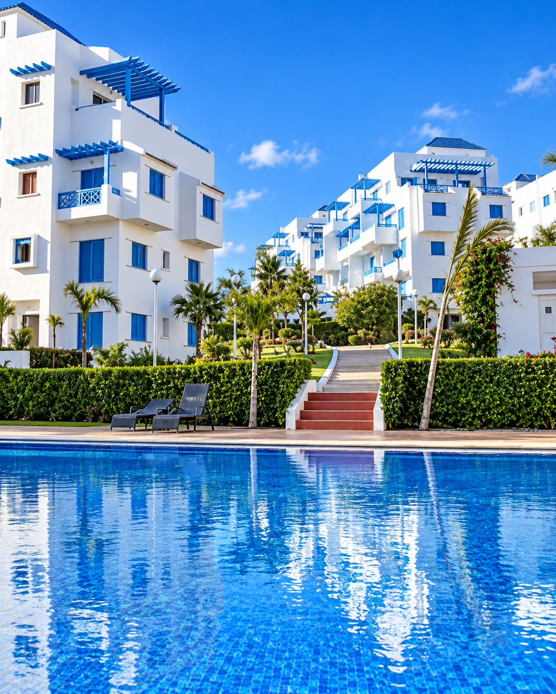 White and blue coastal residences around a swimming pool near Fnideq