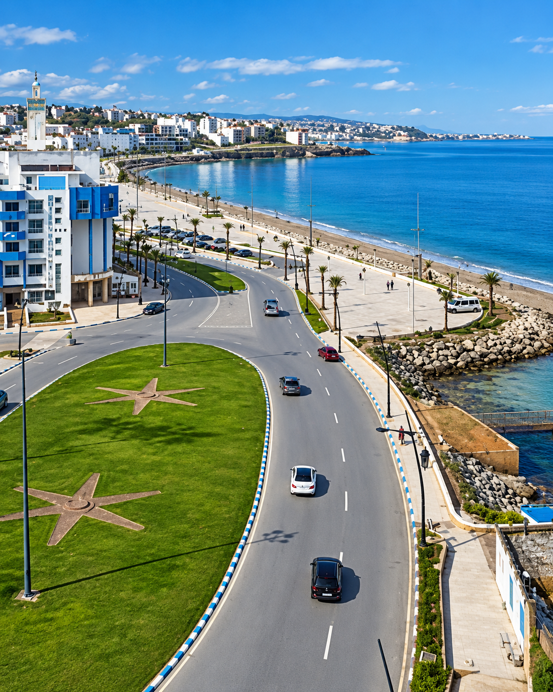 Curving Fnideq corniche, waterfront buildings and Mediterranean bay