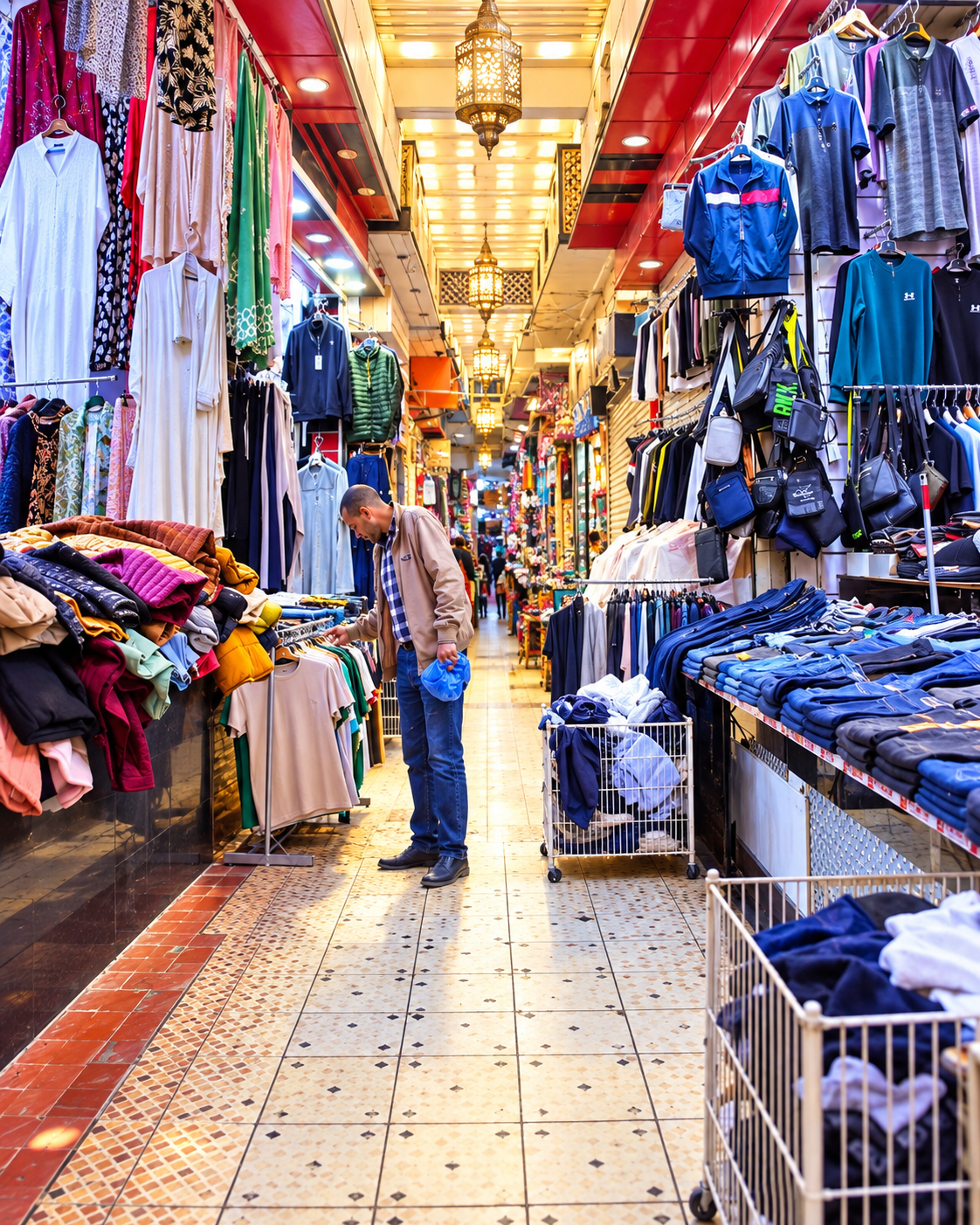 A covered market passage lined with clothing stalls in Fnideq