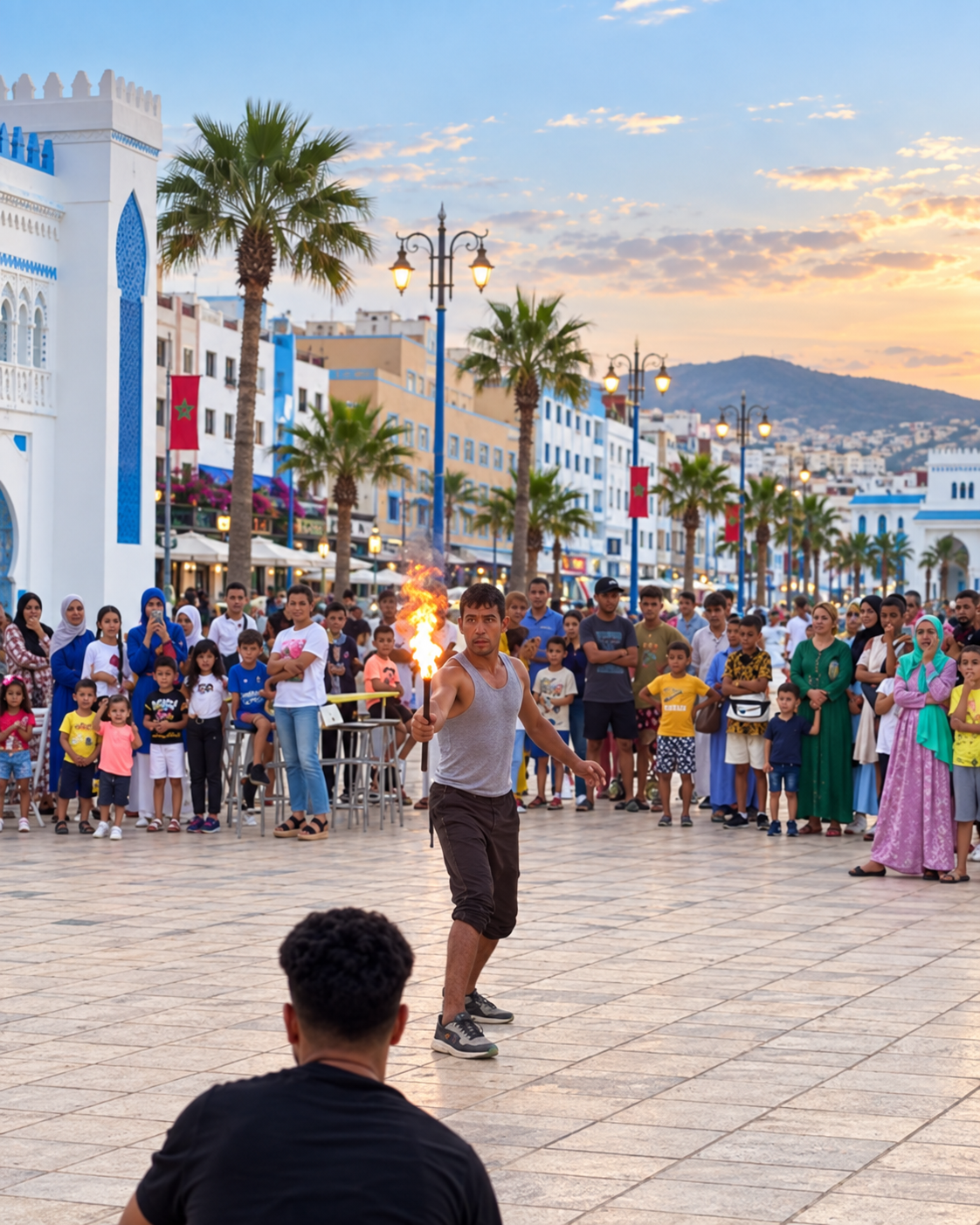Spectators watching an evening performer on the Fnideq promenade