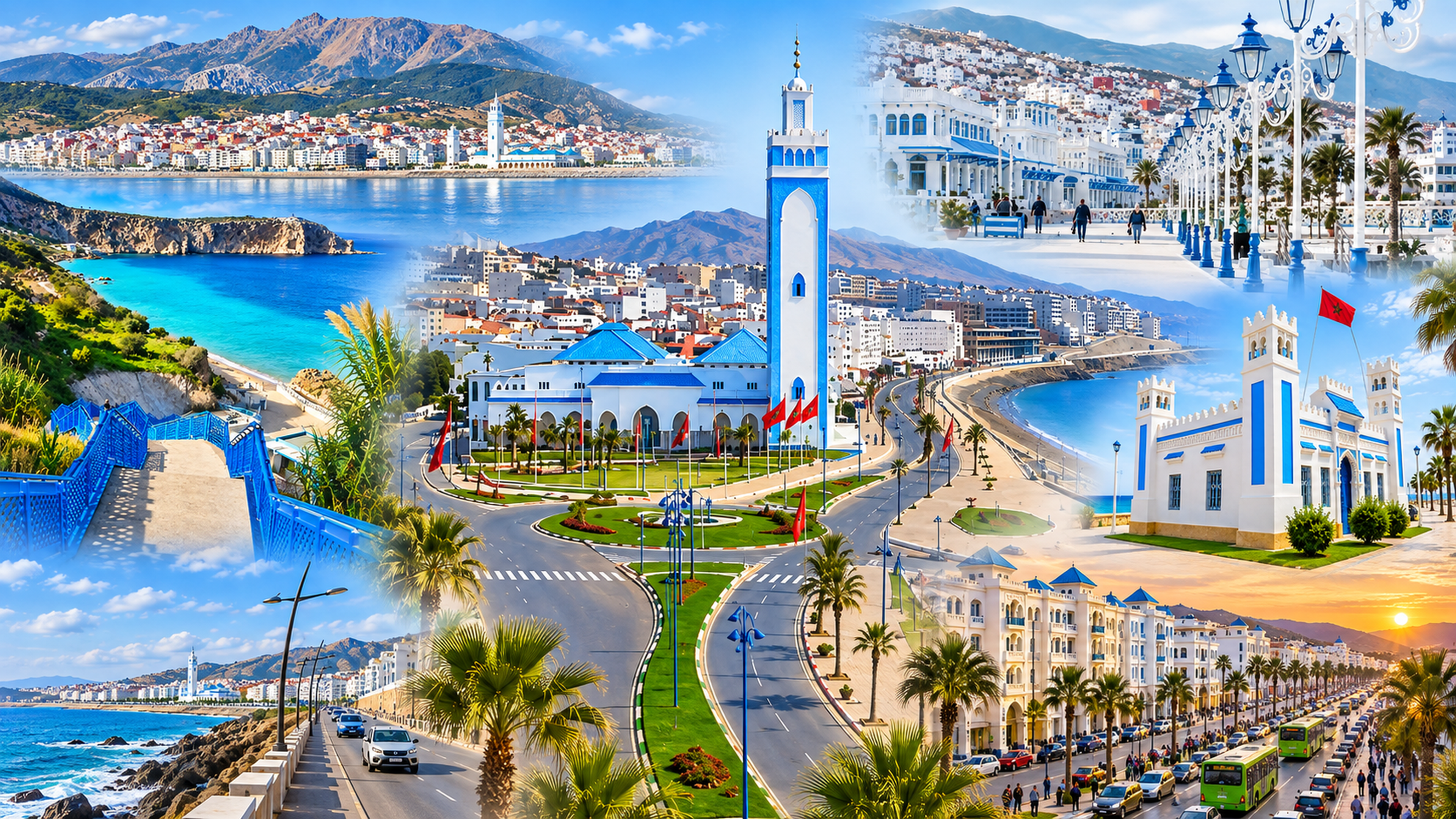 Fnideq photo montage with the seafront mosque, corniche and surrounding northern coast