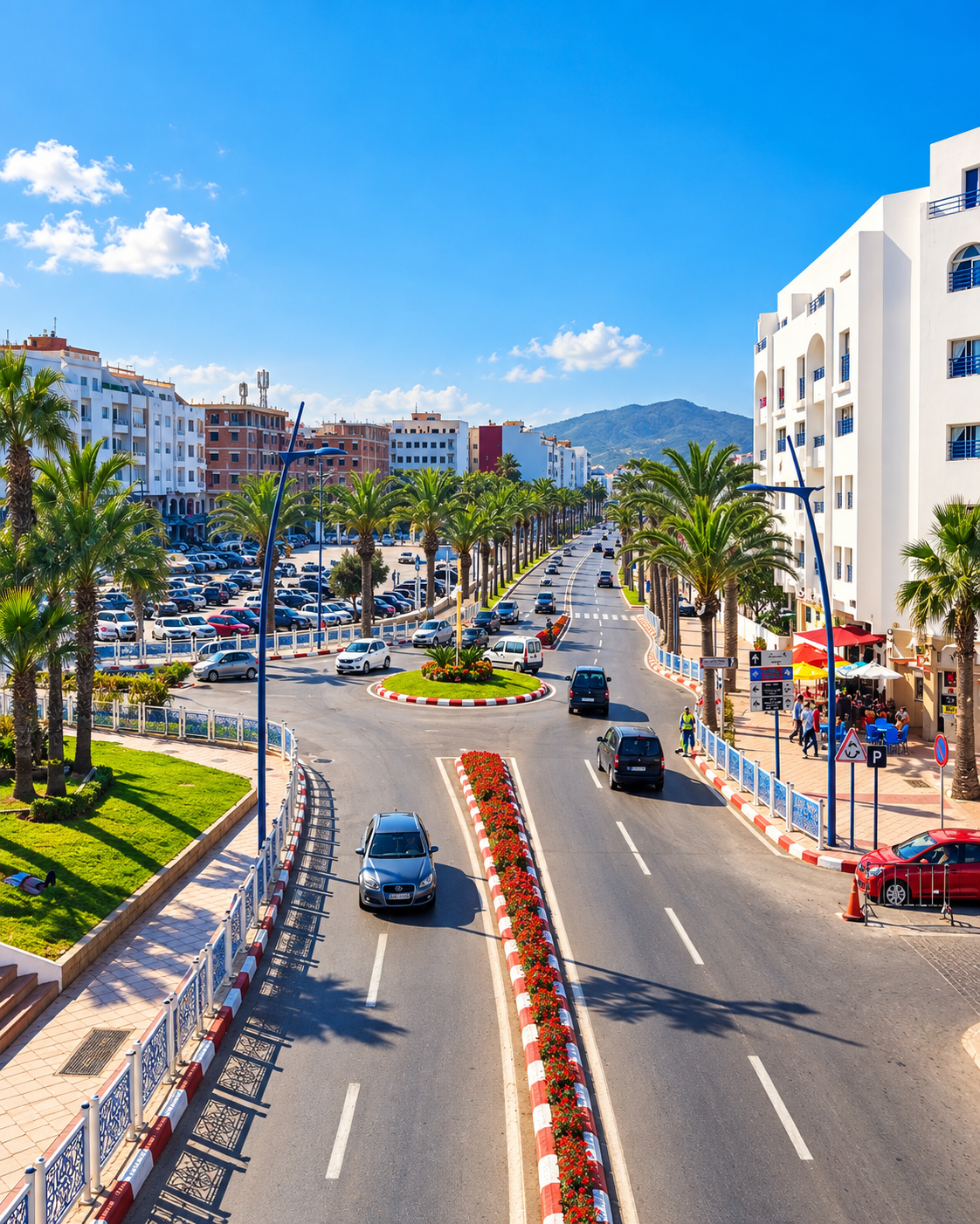 Palm-lined boulevard and apartment buildings in Fnideq