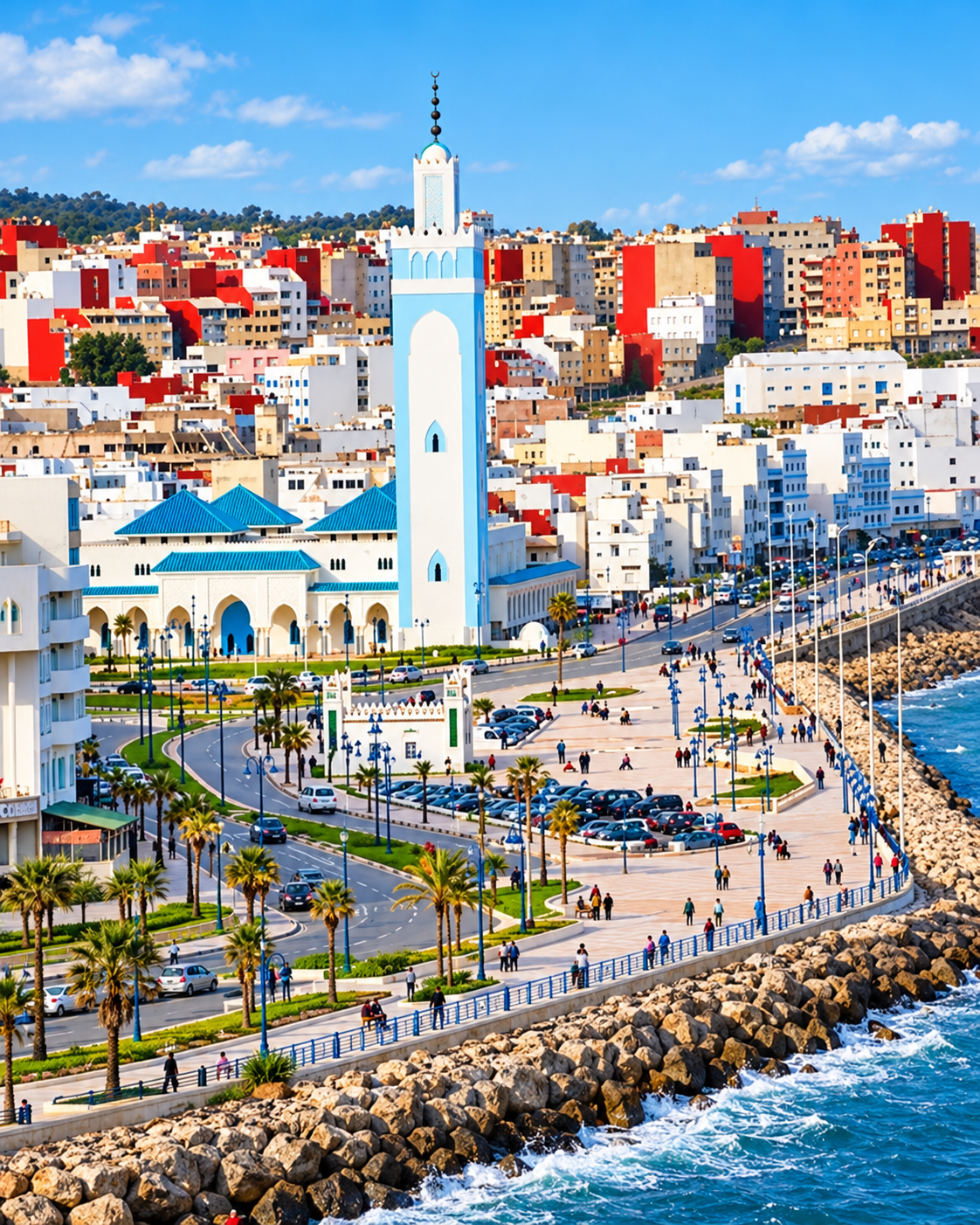 Elevated view of the Fnideq mosque, waterfront and colourful hillside buildings