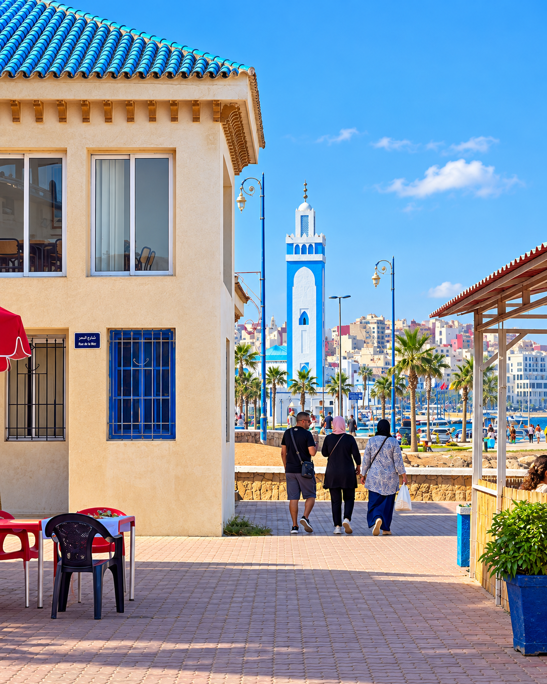 Pedestrians and café seating on the Fnideq promenade with the mosque beyond