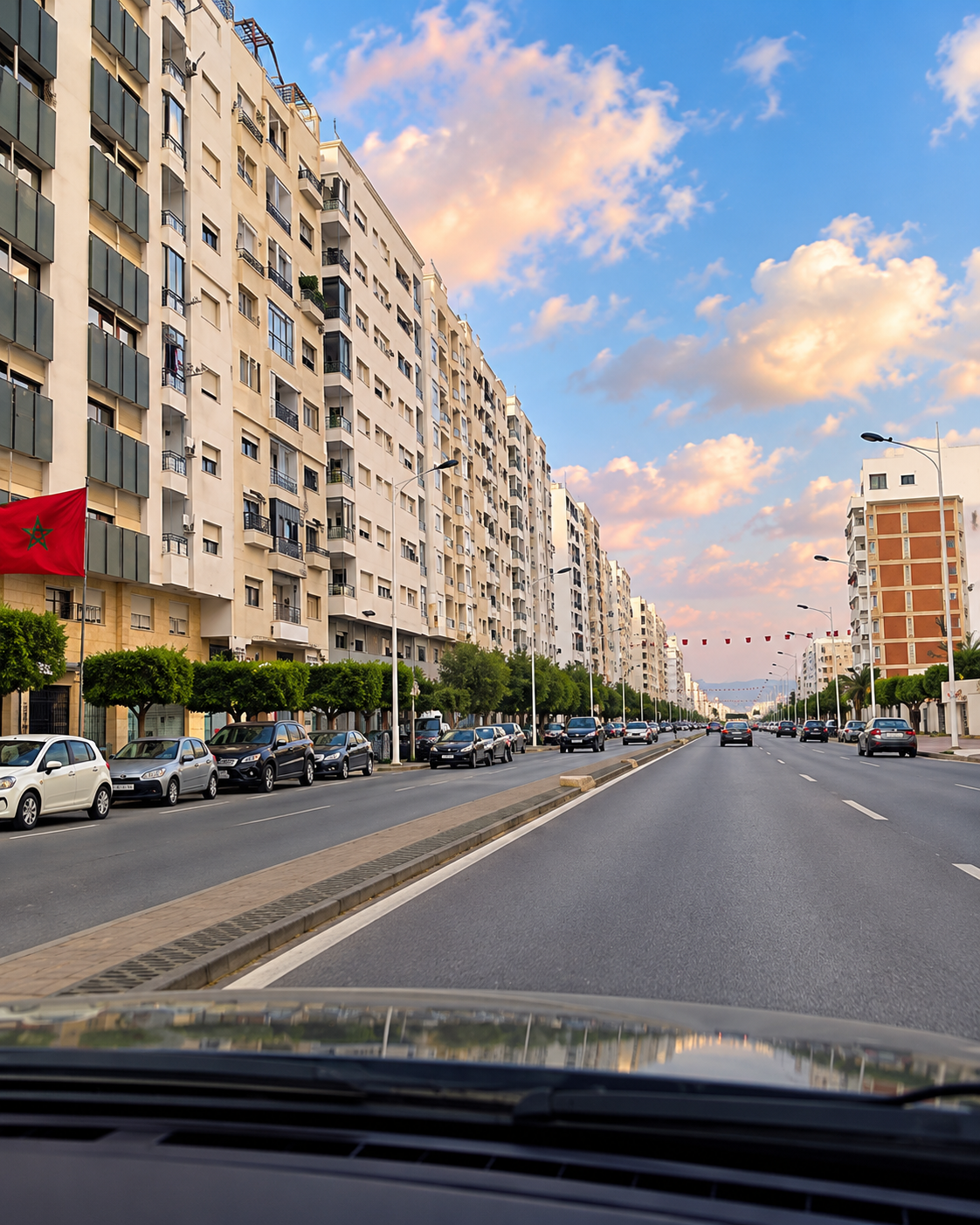Broad Fnideq boulevard lined with residential apartment blocks