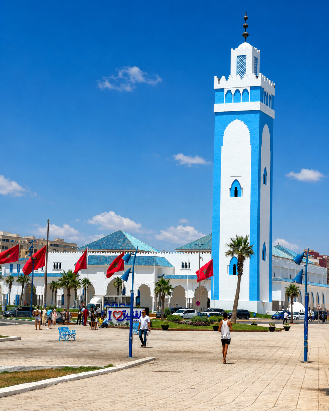 Blue-and-white minaret and open square beside the Fnideq seafront mosque