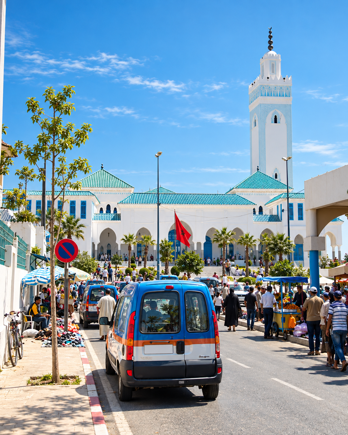 Taxi and pedestrians beside the blue-and-white seafront mosque in Fnideq