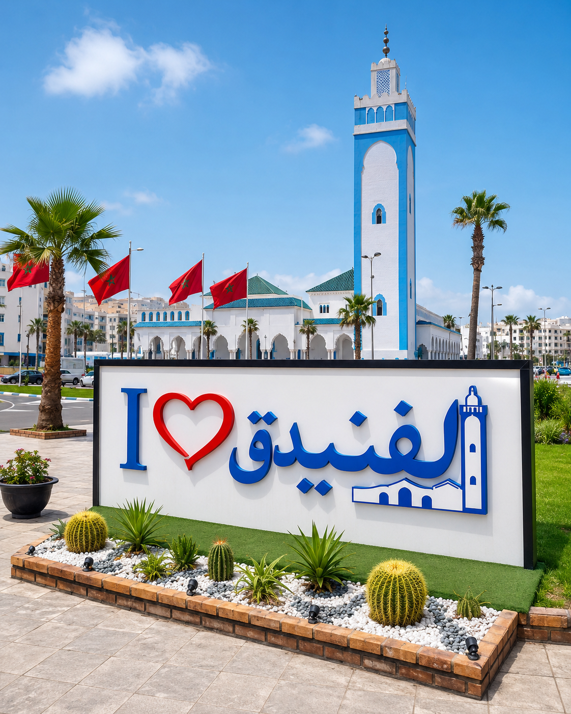 Fnideq welcome sign with blue lettering and the seafront mosque behind it