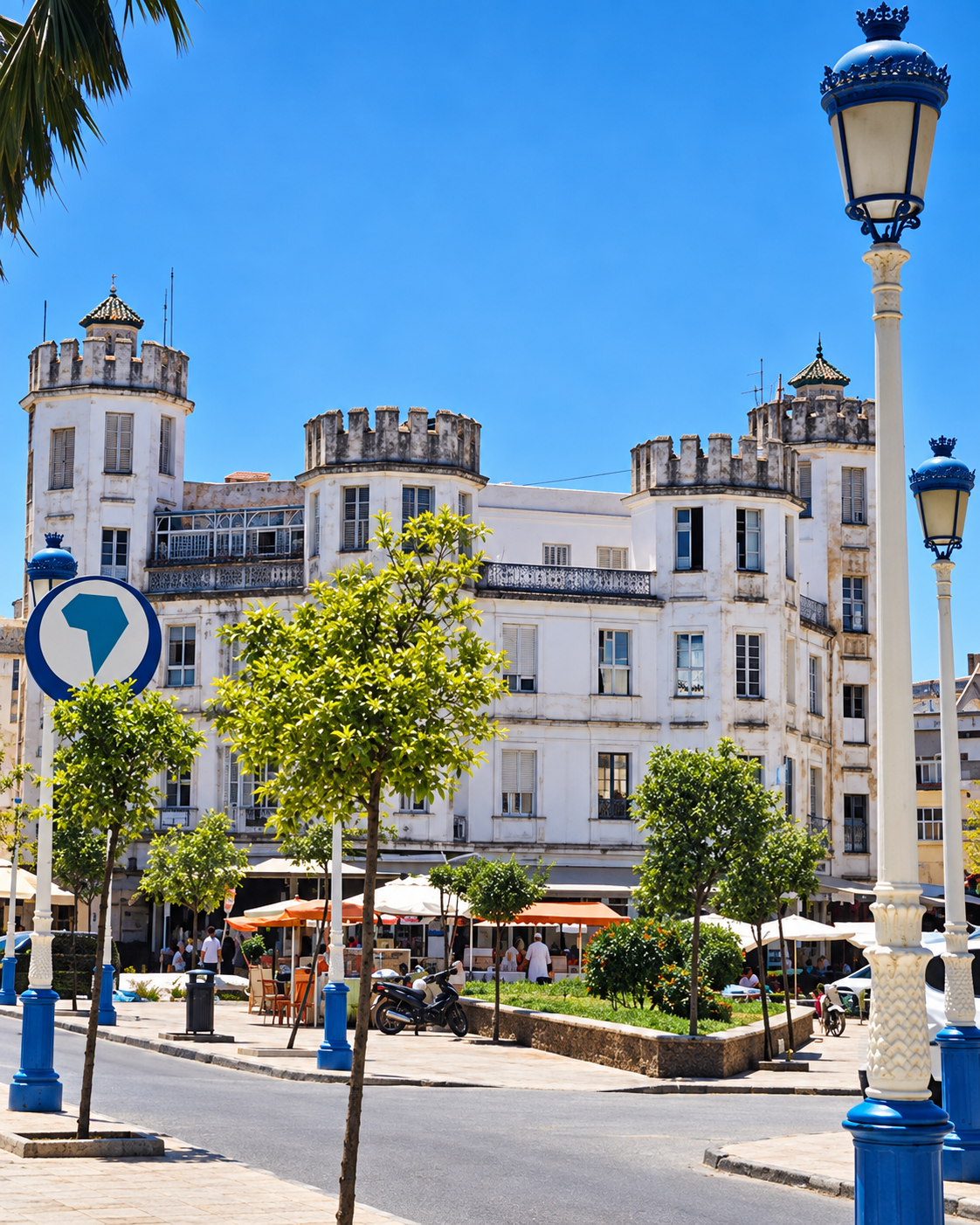 White castellated façade, café terrace and blue street lamp in Fnideq