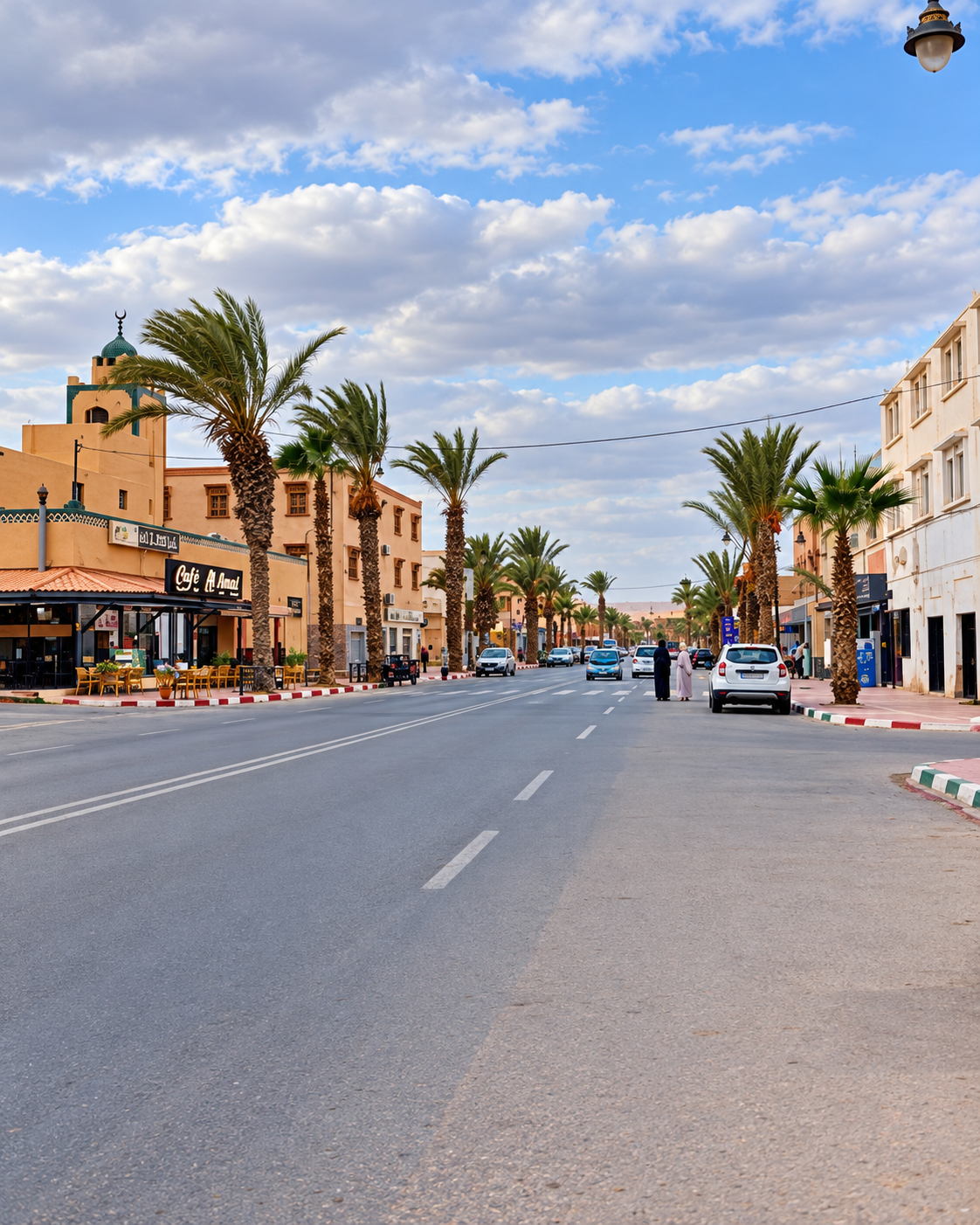 A broad palm-lined boulevard with shops and traffic in Guelmim